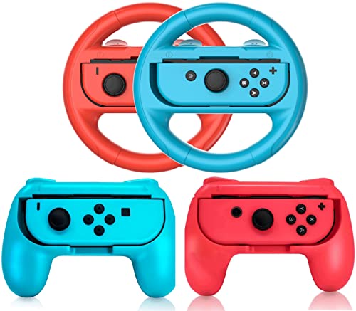 2 PCS Grips for Joy Con and 2 PCS Steering Wheel Compatible for Nintendo Switch Wheel